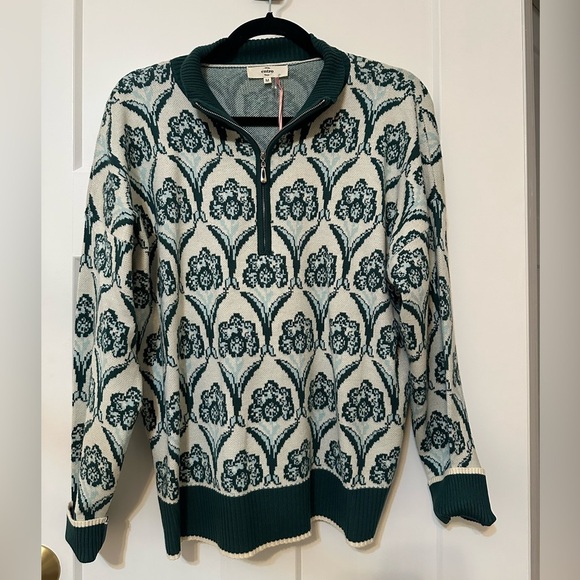 Brand new Entro Teal- green and Cream Floral 1/4 zip Sweater - Picture 2 of 4